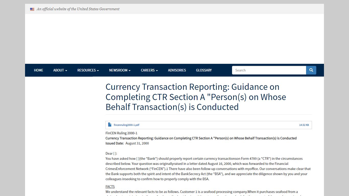 Currency Transaction Reporting: Guidance on Completing CTR Section A ...